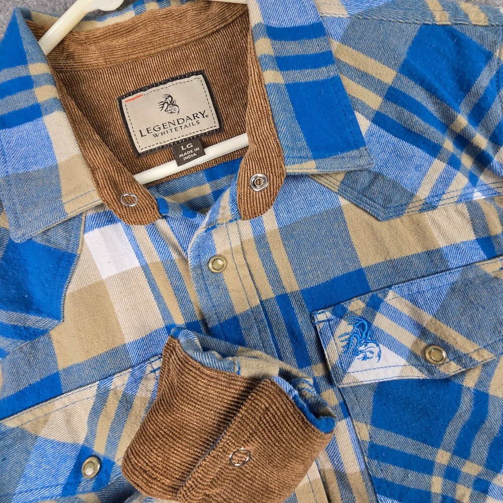 Legendary Whitetails Shotgun Western Flannel Shirt Mens Large L Blue Snap Plaid